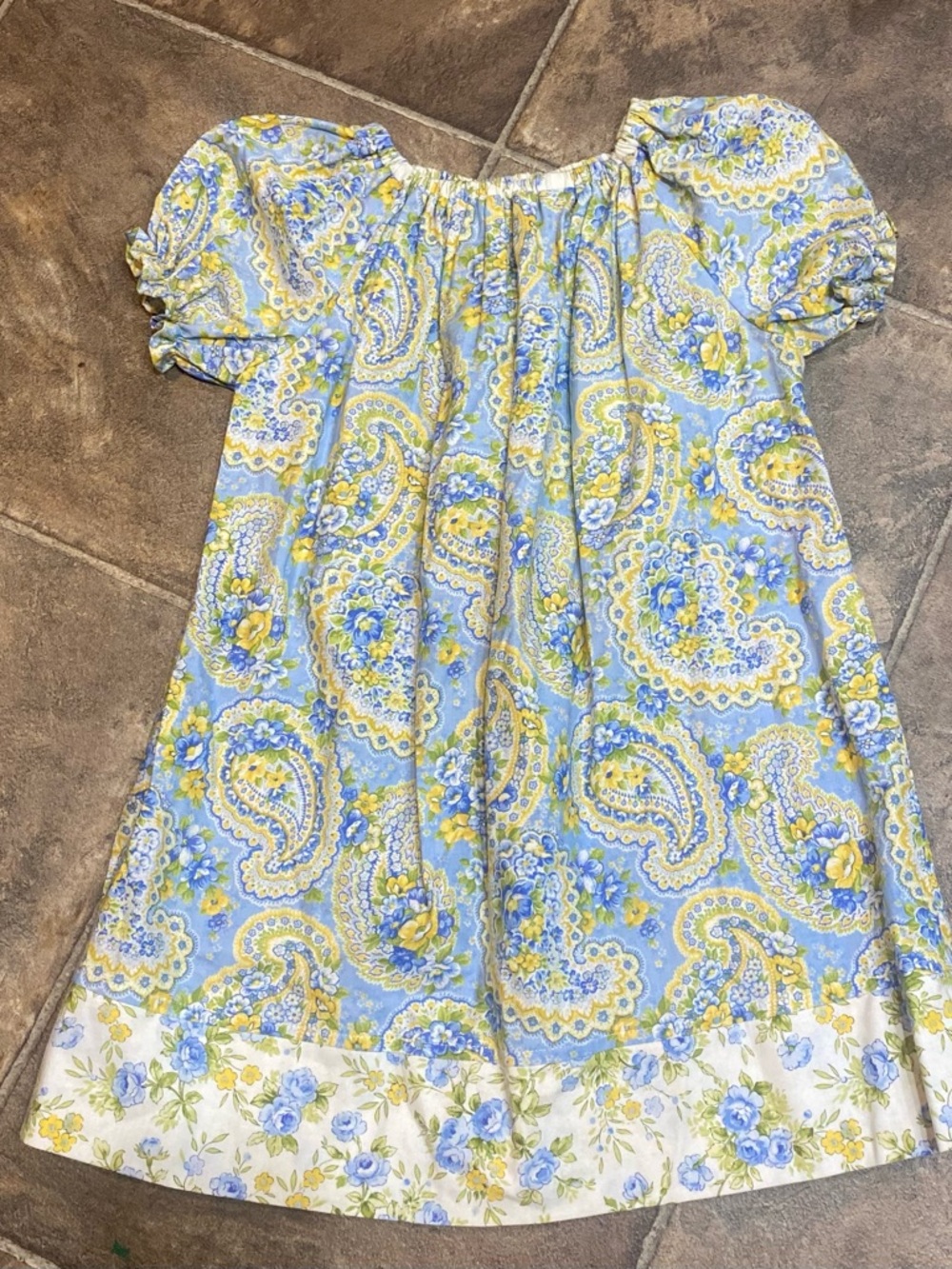 Zella P Designs Girls Light Blue and Yellow Paisley Puff-Sleeve Dress